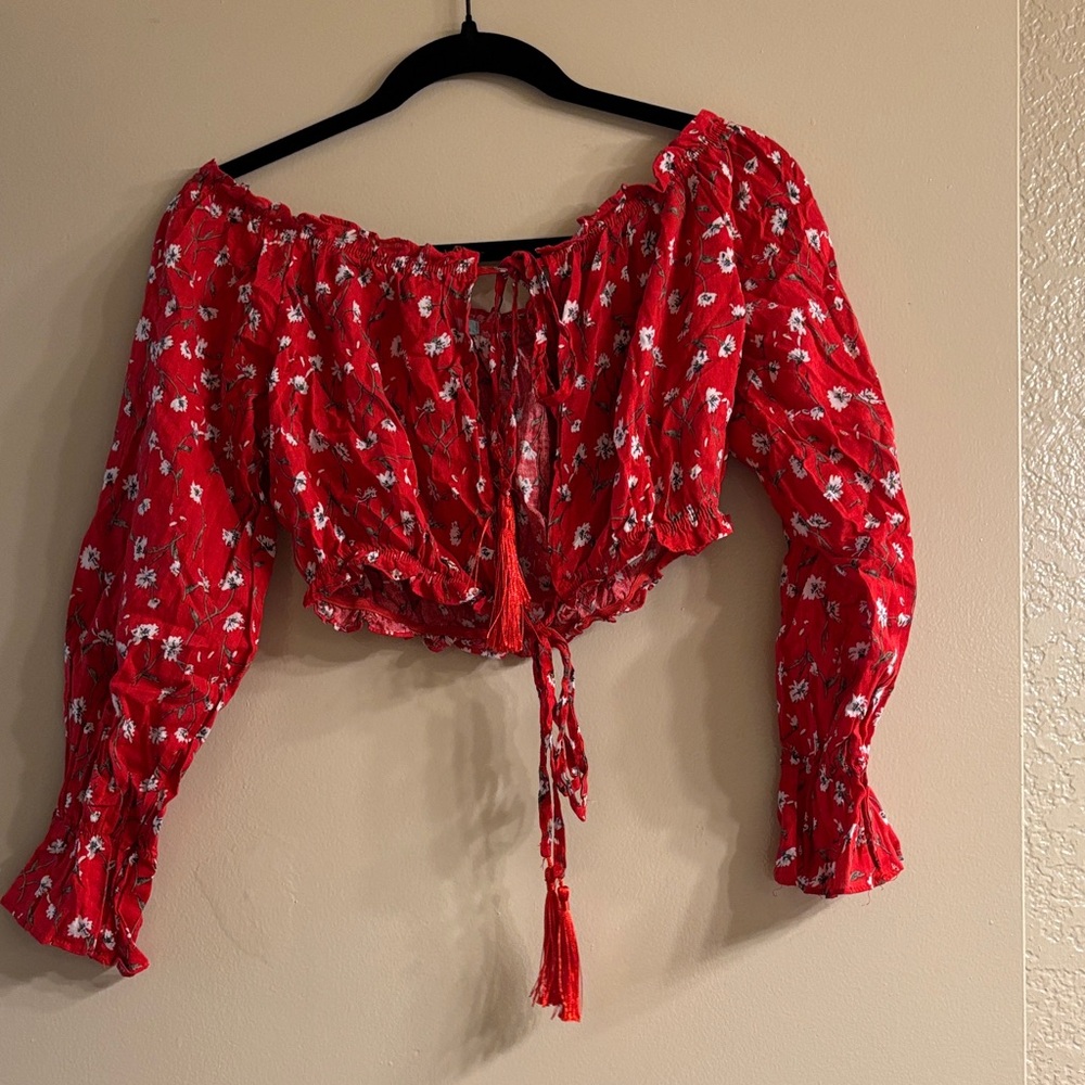 LF Red Floral crop top with Tassels
